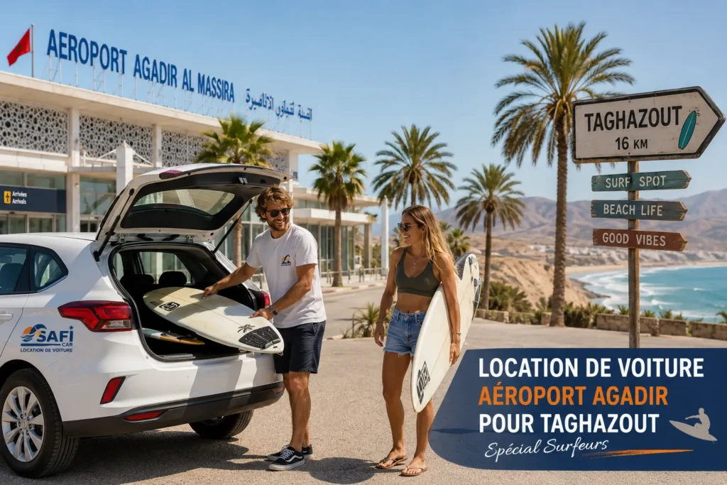 Location de Voiture Aéroport Agadir pour Taghazout (Spécial Surfeurs)